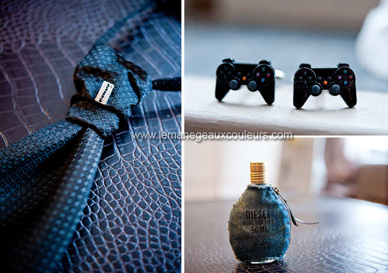 photographe mariage lille nord - préparatifs du marié - boutons de manchette originaux playstation console de jeux vidéos