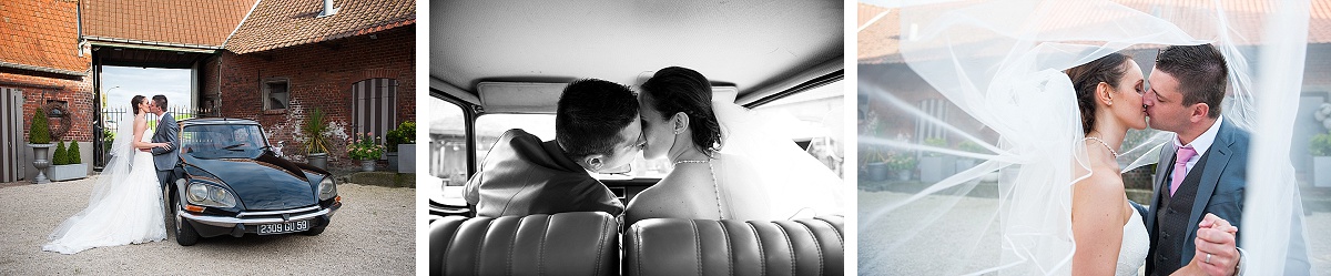 photographie de mariage avec la voiture des mariés