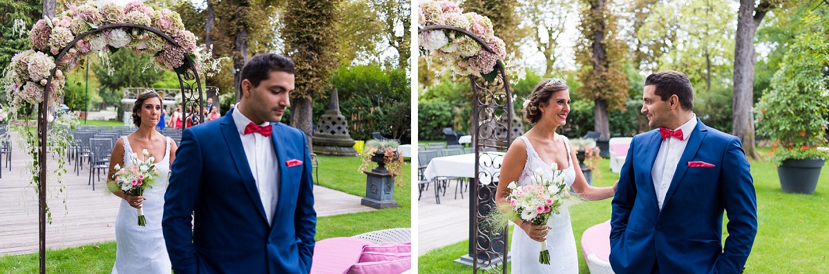 la découverte des mariés un moment rempli d'émotions, joie et larmes au programme pour un superbe reportage mariage à Paris Chalet des Iles daumesnil