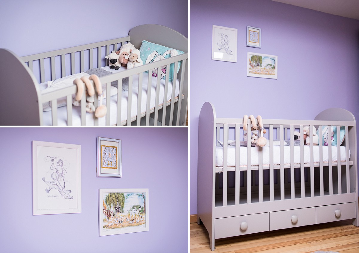 décorer une chambre de garçon en violet et gris lit de bébé dessins disney