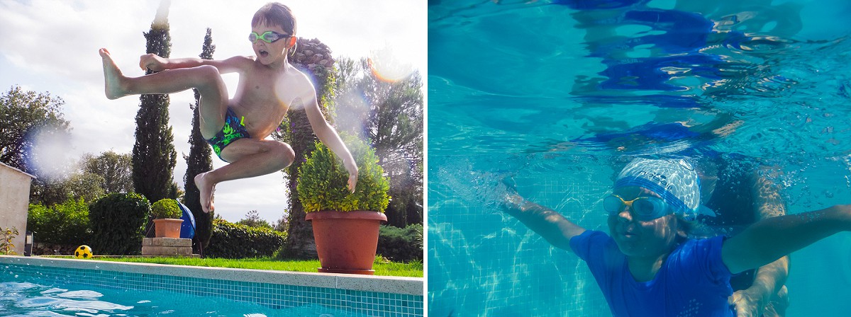 séance photo en famille dans la piscine au soleil