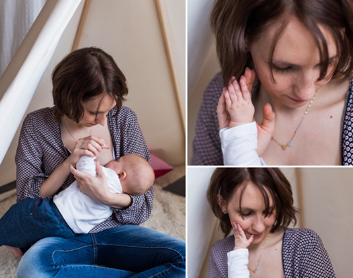 Séance bébé lifestyle photos de famille naturelles - belles photos d'allaitement les caresses du bébé
