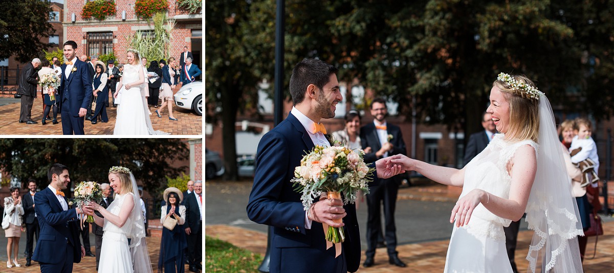 photographe mariage nord de belles photos de la découverte des mariés, la première rencontre en tenue de mariés